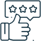 Thumbs up hand with three-star rating badge indicating customer satisfaction and dental service quality.